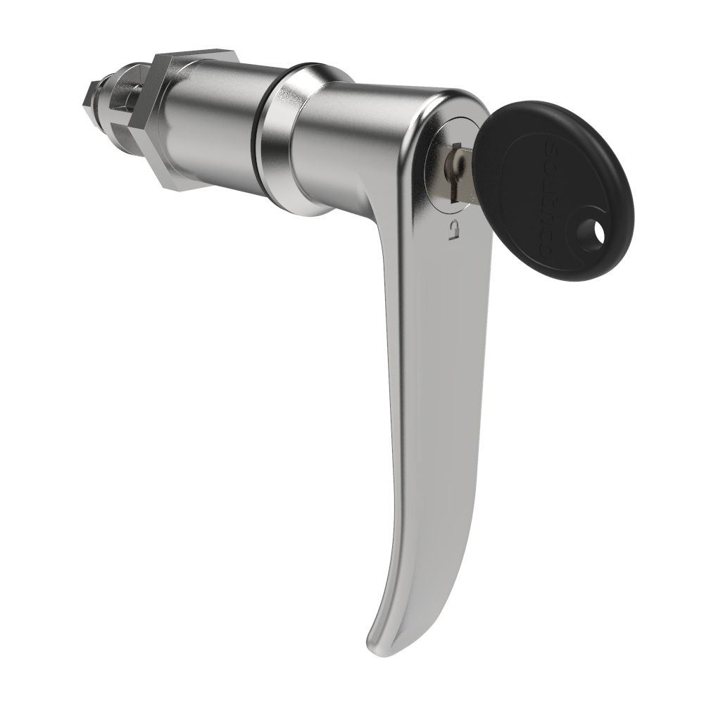 Southco Quarter-Turn Cam Latch, Key Locking (Reversible Key), L-Handle, Without Cam, Sealed, Zinc Alloy, Chrome Plated, Bright