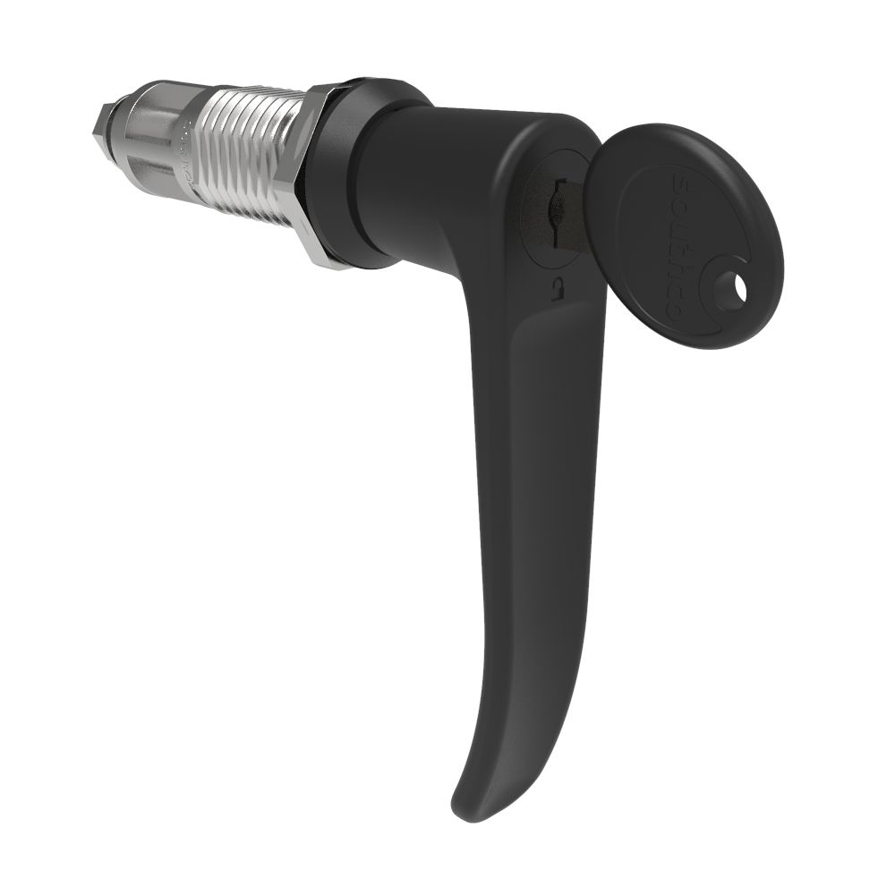 Southco Quarter-Turn Cam Latch, Key Locking (Reversible Key), L-Handle, Without Cam, Sealed, Zinc Alloy, Powder Coat, Black