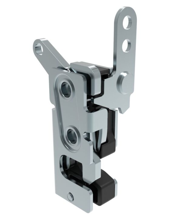 Southco Rotary Push-to-Close Latch, Small Size, Single Stage, with Integrated Bumper, Dual Trigger, In-line / Bottom Trigger, 7.2 mm Thru, Steel, Zinc Plate, Bright chromate