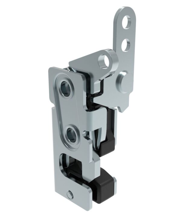 Southco Rotary Push-to-Close Latch, Small Size, Single Stage, with Integrated Bumper, Dual Trigger, In-line / Top Trigger, 7.2 mm Thru, Steel, Zinc Plate, Bright chromate