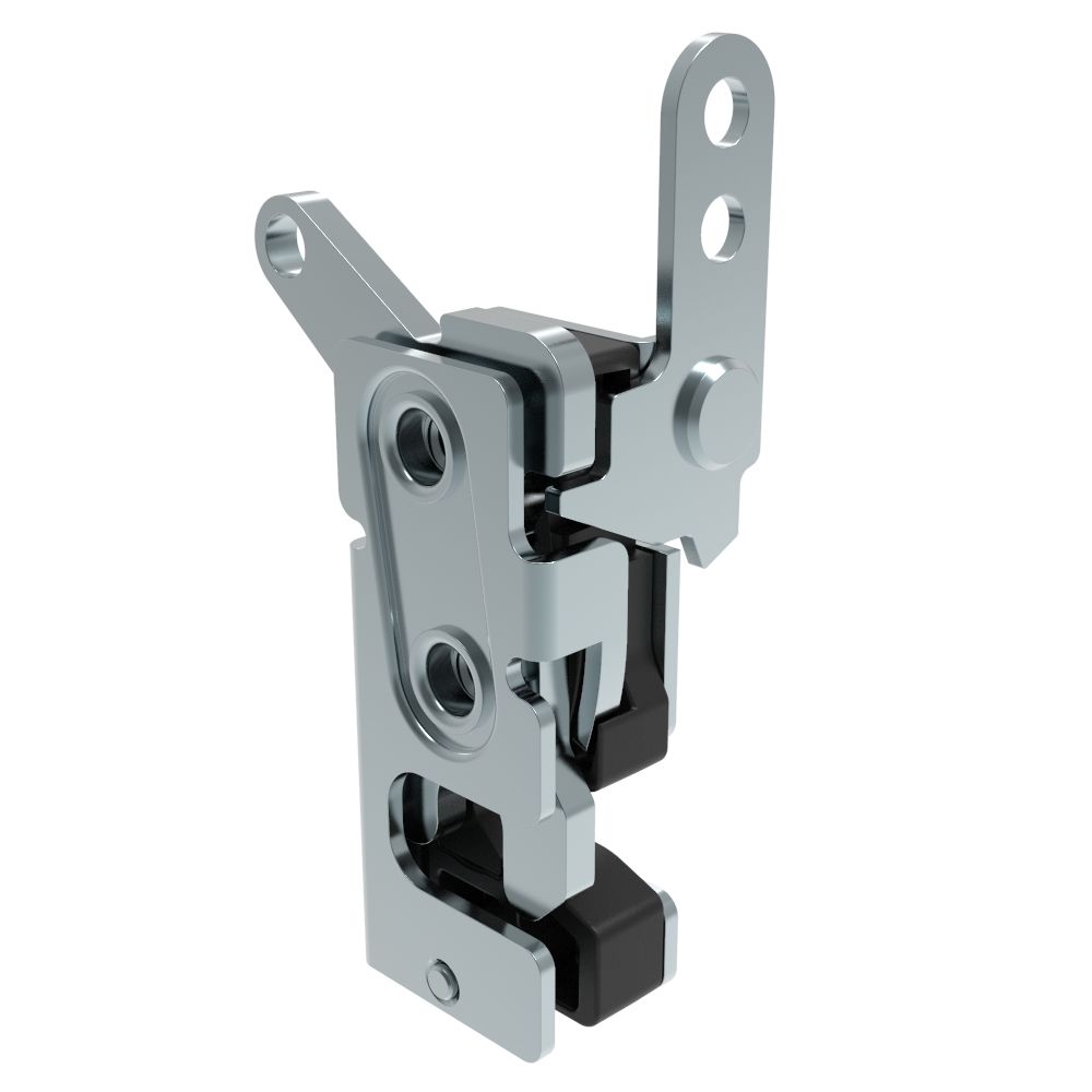Southco Rotary Push-to-Close Latch, Small Size, Single Stage, with Integrated Bumper, Dual Trigger, In-line / Bottom Trigger, 1/4-20 Thread, Steel, Zinc Plate, Bright chromate