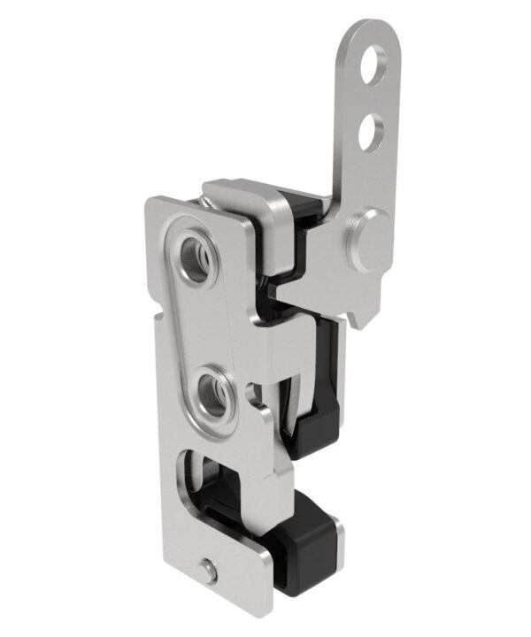 Southco Rotary Push-to-Close Latch, Small Size, Single Stage, with Integrated Bumper, In-Line Trigger, M6 Thread, Stainless Steel, Passivated
