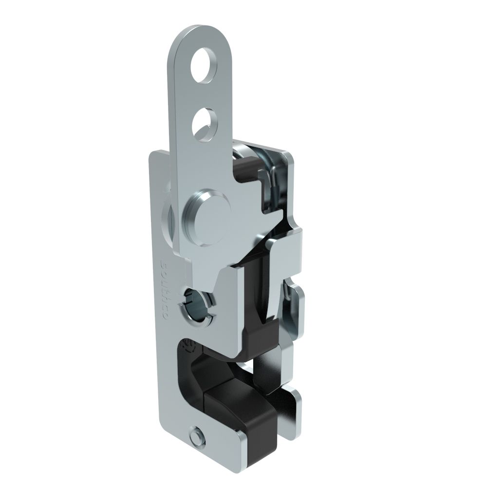 Southco Rotary Push-to-Close Latch, Small Size, Single Stage, with Integrated Bumper, In-Line Lever, 7.2 mm Through Hole, Steel, Zinc Plate, Bright chromate