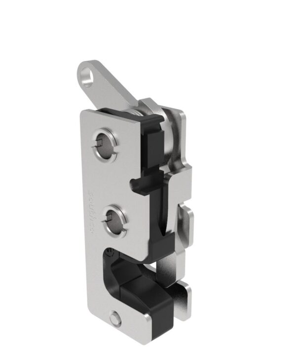 Southco Rotary Push-to-Close Latch, Small Size, Single Stage, with Integrated Bumper, Bottom Trigger, 7.2 mm Thru, Stainless Steel, Passivated