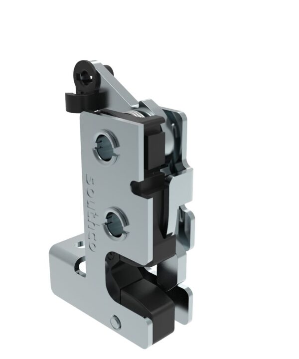 Southco Rotary Push-to-Close Latch, Small Size, Single Stage, with Integrated Bumper, Bottom Trigger, 7.2 mm Thru, Steel, Zinc Plate, Bright chromate