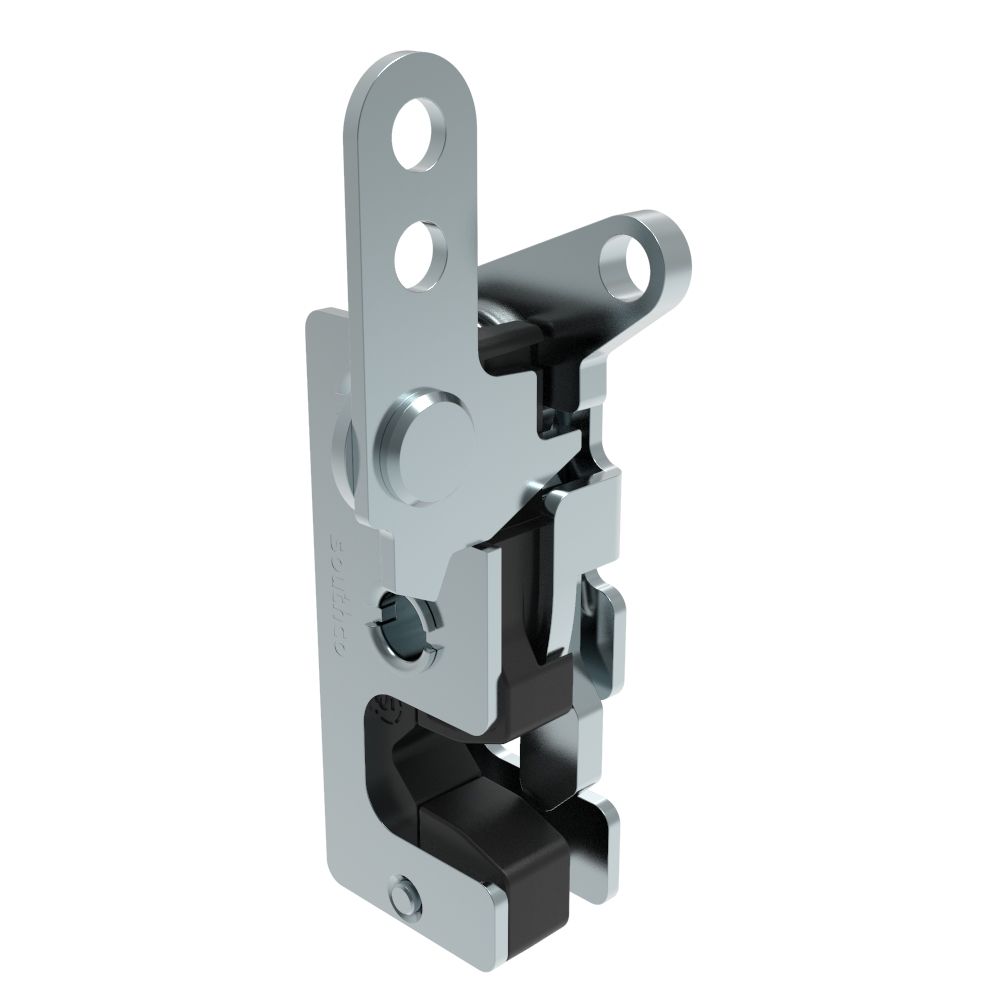 Southco Rotary Push-to-Close Latch, Small Size, Single Stage, with Integrated Bumper, Dual Trigger, In-line / Top Trigger, 7.2 mm Thru, Steel, Zinc Plate, Bright chromate