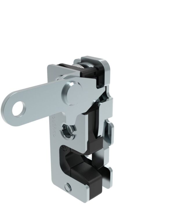 Southco Rotary Push-to-Close Latch, Small Size, Single Stage, with Integrated Bumper, Perpendicular Lever, 1/4-20 Thread, Steel, Zinc Plate, Bright chromate