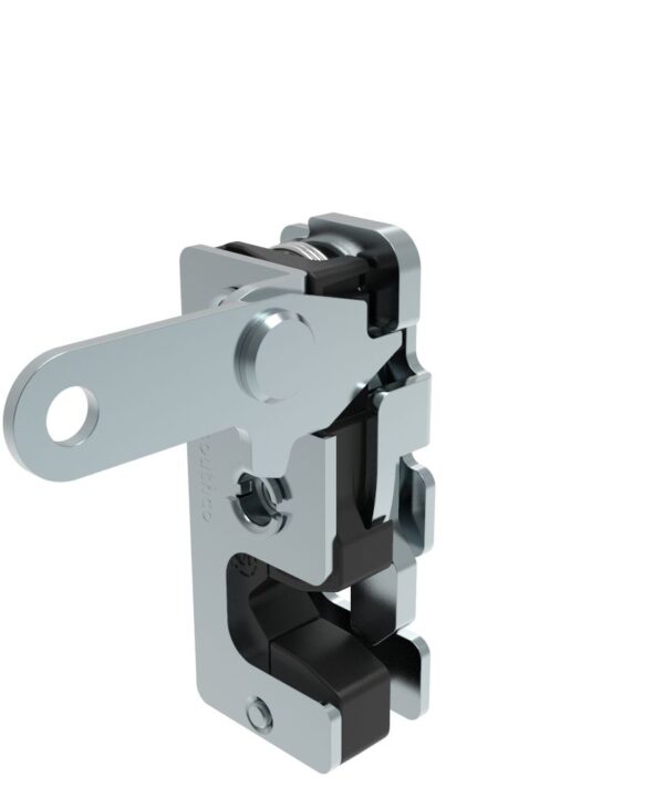 Southco Rotary Push-to-Close Latch, Small Size, Single Stage, with Integrated Bumper, Perpendicular Lever, M6 Thread, Steel, Zinc Plate, Bright chromate
