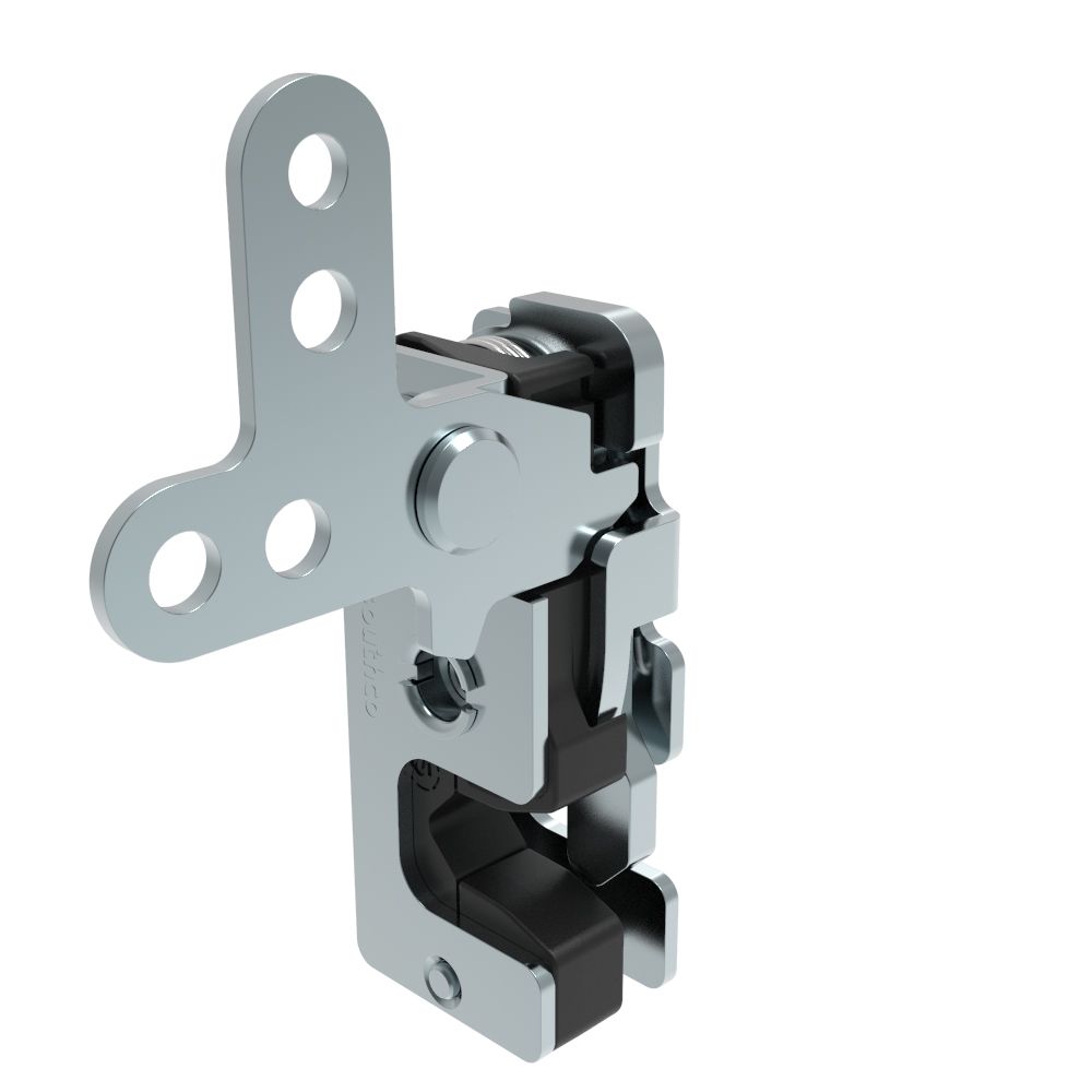 Southco Rotary Push-to-Close Latch, Small Size, Single Stage, with Integrated Bumper, 2-Point Lever, M6 Thread, Steel, Zinc Plate, Bright chromate