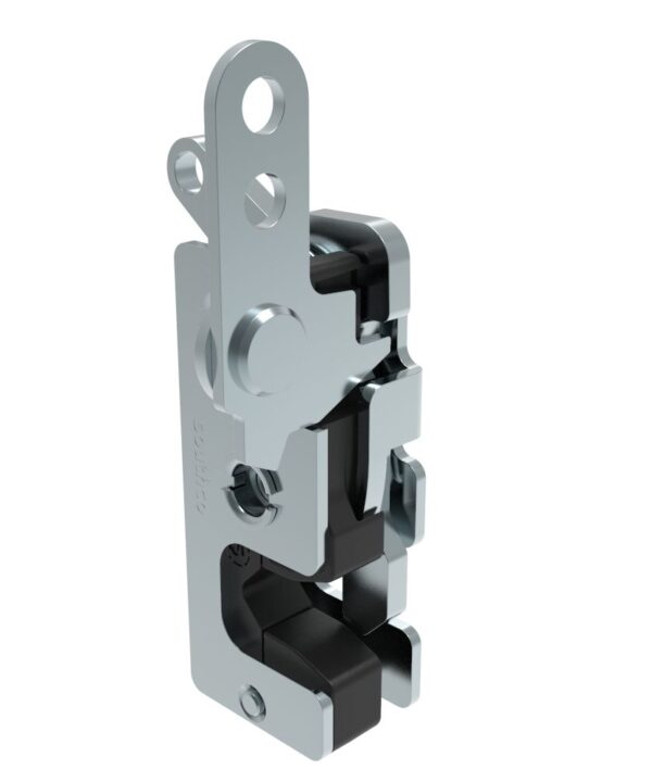 Southco Rotary Push-to-Close Latch, Small Size, Single Stage, with Integrated Bumper, Dual Trigger, In-line / Bottom Trigger, M6 Thread, Steel, Zinc Plate, Bright chromate