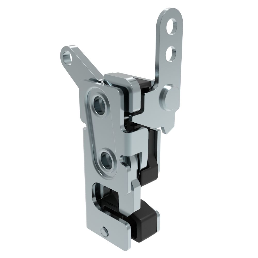 Southco Rotary Push-to-Close Latch, Small Size, Two Stage, with Integrated Bumper, Dual Trigger, In-line / Bottom Trigger, 7.2 mm Thru, Steel, Zinc Plate, Bright chromate