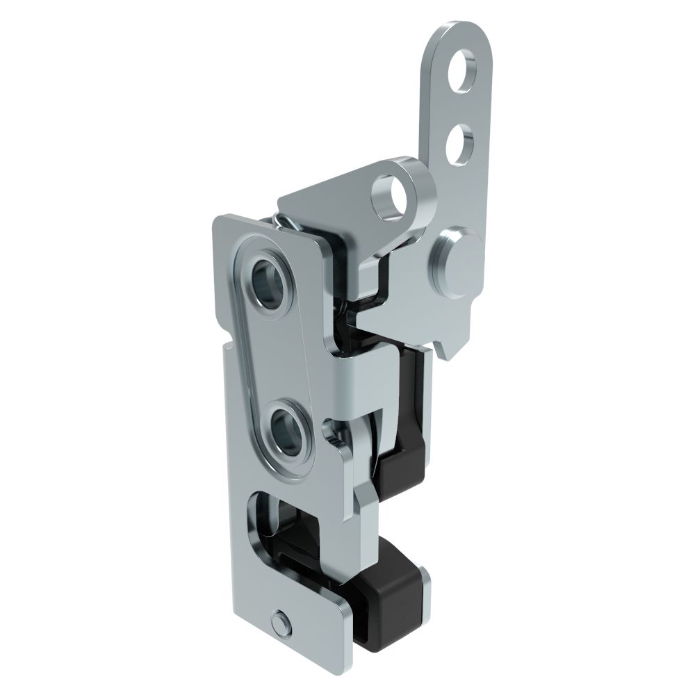Southco Rotary Push-to-Close Latch, Small Size, Two Stage, with Integrated Bumper, Dual Trigger, In-line / Top Trigger, 7.2 mm Thru, Steel, Zinc Plate, Bright chromate