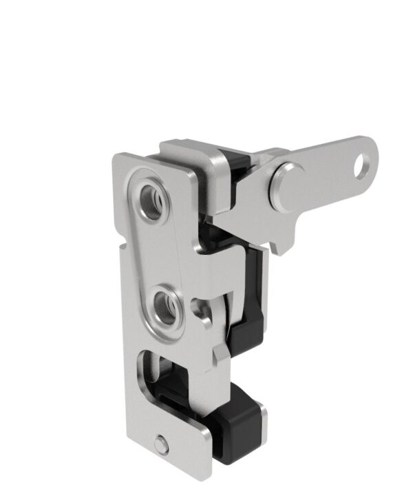 Southco Rotary Push-to-Close Latch, Small Size, Two Stage, with Integrated Bumper, Perpendicular Trigger, 1/4-20 Thread, Stainless Steel, Passivated