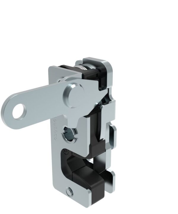 Southco Rotary Push-to-Close Latch, Small Size, Two Stage, with Integrated Bumper, Perpendicular Lever, 7.2 mm Through Hole, Steel, Zinc Plate, Bright chromate