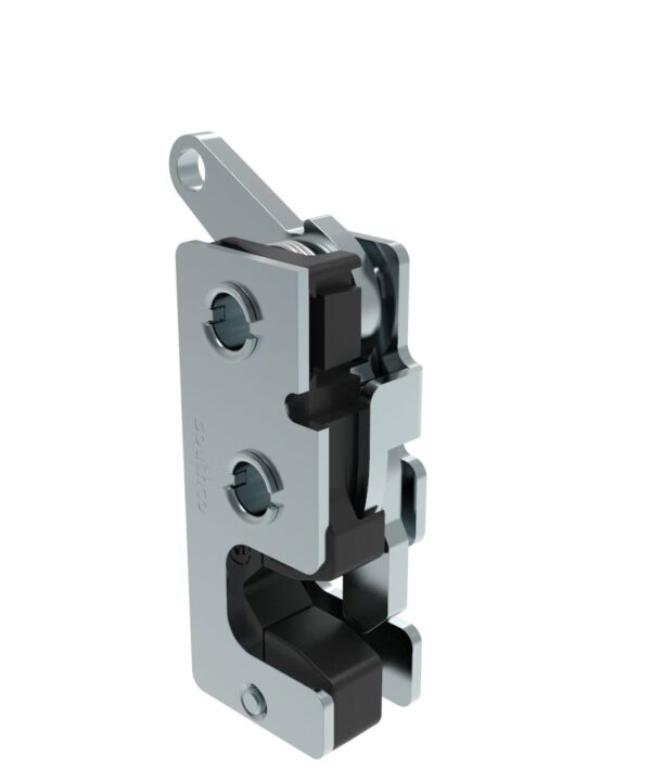 Southco Rotary Push-to-Close Latch, Small Size, Two Stage, with Integrated Bumper, Bottom Trigger, 7.2 mm Through Hole, Steel, Zinc Plate, Bright chromate