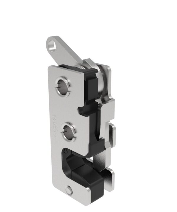 Southco Rotary Push-to-Close Latch, Small Size, Two Stage, with Integrated Bumper, Bottom Trigger, 7.2 mm Thru, Stainless Steel, Passivated
