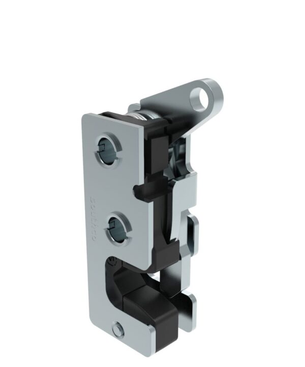 Southco Rotary Push-to-Close Latch, Small Size, Two Stage, with Integrated Bumper, Top Trigger, 7.2 mm Through Hole, Steel, Zinc Plate, Bright chromate