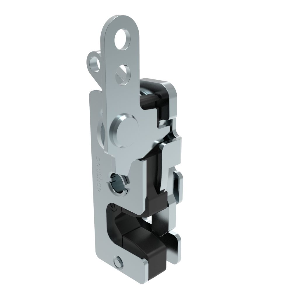 Southco Rotary Push-to-Close Latch, Small Size, Two Stage, with Integrated Bumper, Dual Trigger, In-line / Bottom Trigger, 7.2 mm Thru, Steel, Zinc Plate, Bright chromate