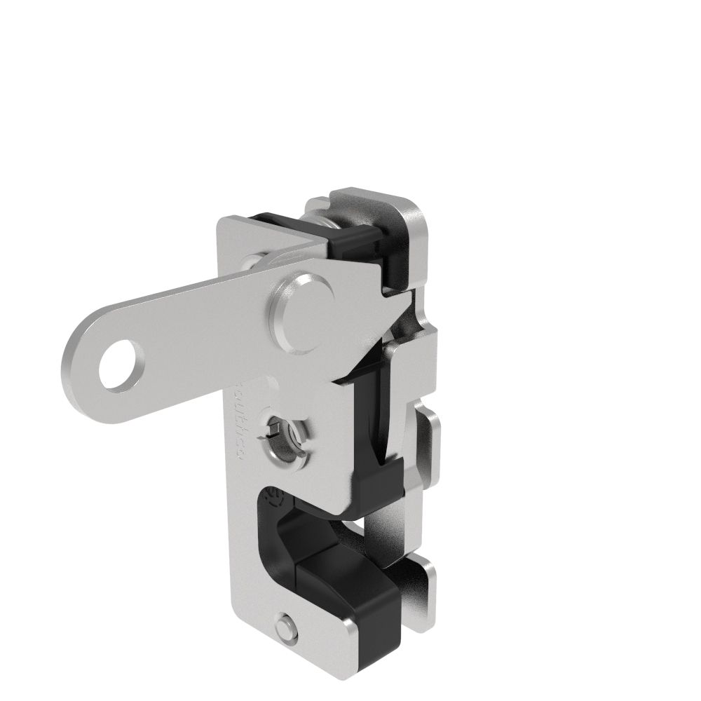 Southco Rotary Push-to-Close Latch, Small Size, Two Stage, with Integrated Bumper, Perpendicular Trigger, 1/4-20 Thread, Stainless Steel, Passivated