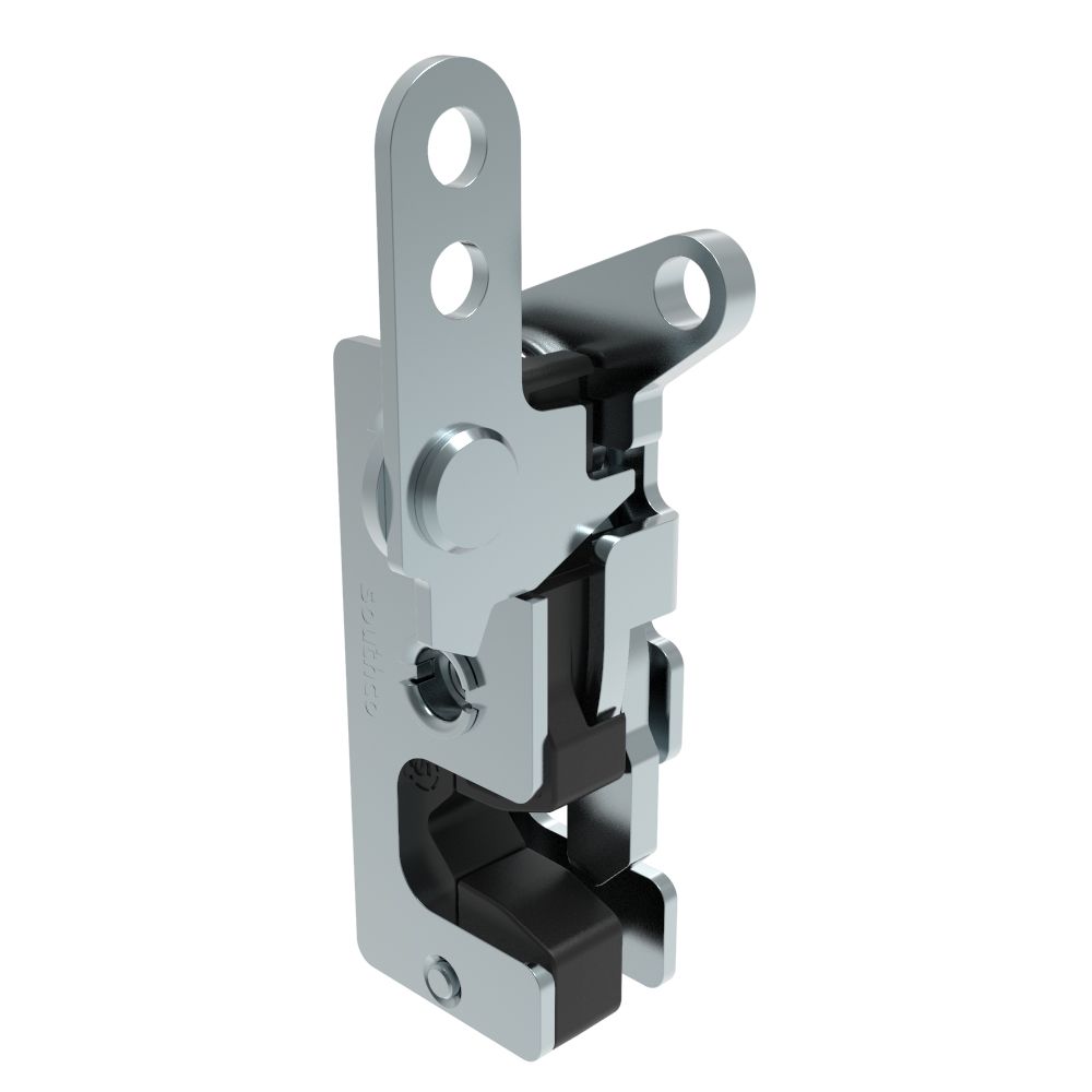 Southco Rotary Push-to-Close Latch, Small Size, Two Stage, with Integrated Bumper, Dual Trigger, In-line / Top Trigger, M6 Thread, Steel, Zinc Plate, Bright chromate