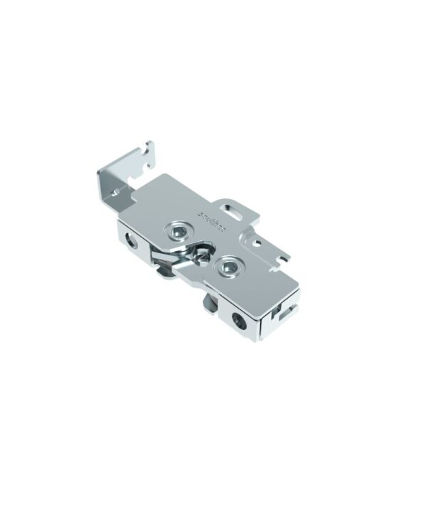 Southco Rotary Push-to-Close Latch, Medium Size, Single Stage, Bottom Trigger, Integrated Cable Mounting Bracket (for cable with spring), Integrated Bumper, 1/4-20 Thread, Steel, Zinc Plate, Bright Chromate