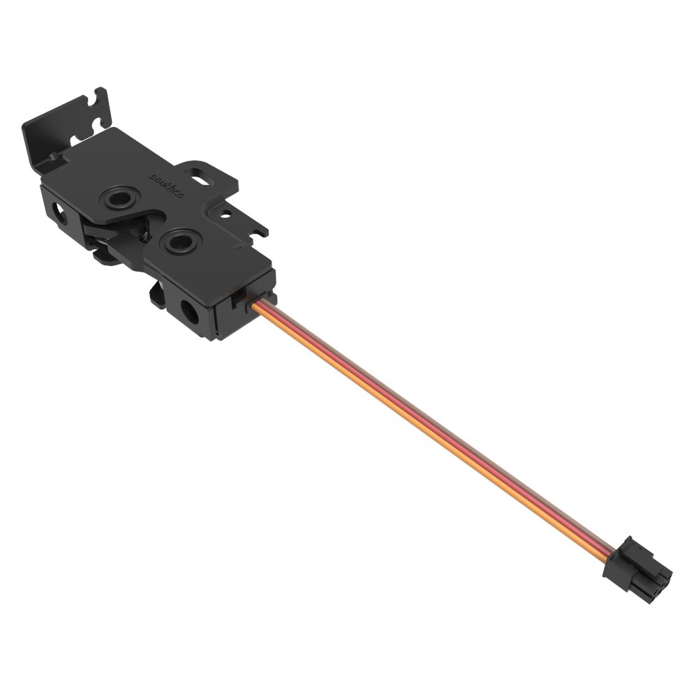 Southco Rotary Push-to-Close Latch, Medium Size, Single Stage with Switch, Bottom Trigger, Integrated Cable Mounting Bracket (for cable with spring), 1/4-20 Thread, Steel, Zinc Nickel