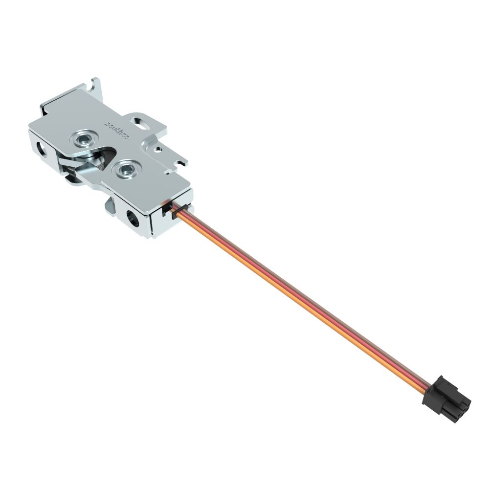 Southco Rotary Push-to-Close Latch, Medium Size, Single Stage with Switch, Bottom Trigger, Integrated Cable Mounting Bracket (for cable without spring), 6.7 mm Thru, Steel, Zinc Plate, Bright Chromate