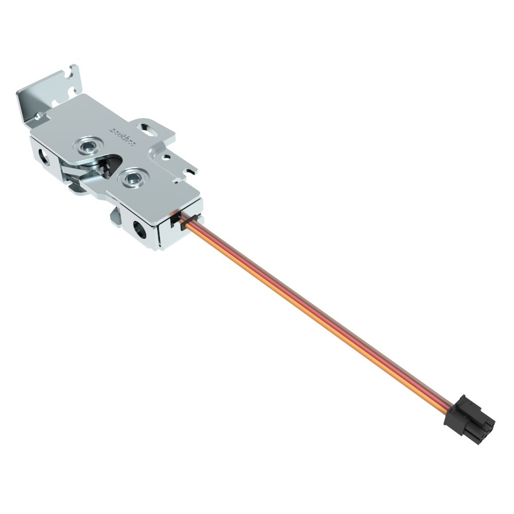 Southco Rotary Push-to-Close Latch, Medium Size, Single Stage with Switch, Bottom Trigger, Integrated Cable Mounting Bracket (for cable with spring), Integrated Bumper, 6.7 mm Thru, Steel, Zinc Plate, Bright Chromate