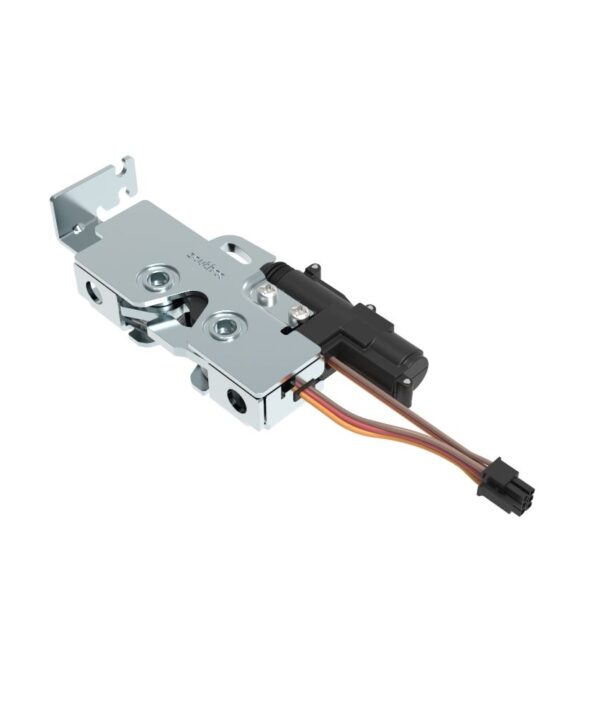 Southco Rotary Push-to-Close Latch, Medium Size, Single Stage with Switch and 12V Actuator, Bottom Trigger, Integrated Cable Mounting Bracket (for cable with spring), 6.7 mm Thru, Steel, Zinc Plate, Bright Chromate