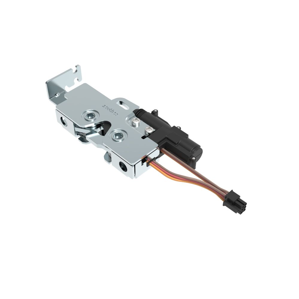 Southco Rotary Push-to-Close Latch, Medium Size, Single Stage with Switch and 12V Actuator, Bottom Trigger, Integrated Cable Mounting Bracket (for cable with spring), M6 Thread, Steel, Zinc Plate, Bright Chromate