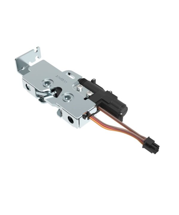 Southco Rotary Push-to-Close Latch, Medium Size, Single Stage, Pull to open with Switch and 12 V Actuator, Bottom Trigger, Integrated Cable Mounting Bracket (for cable with spring), 6.7 mm Thru, Steel, Zinc Plate, Bright Chromate
