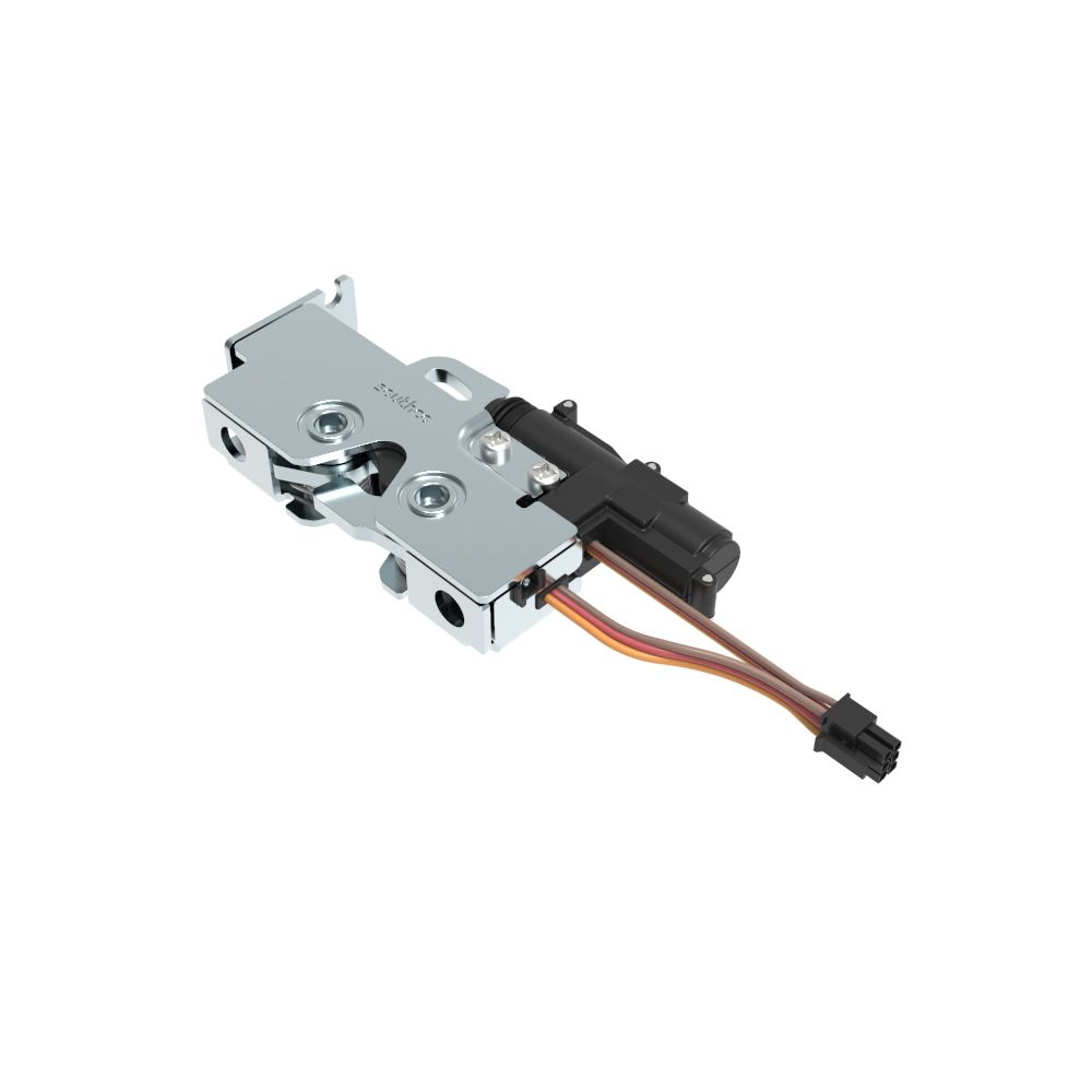 Southco Rotary Push-to-Close Latch, Medium Size, Single Stage, Pull to open with Switch and 12 V Actuator, Bottom Trigger, Integrated Cable Mounting Bracket (for cable without spring), M6 Thread, Steel, Zinc Plate, Bright Chromate
