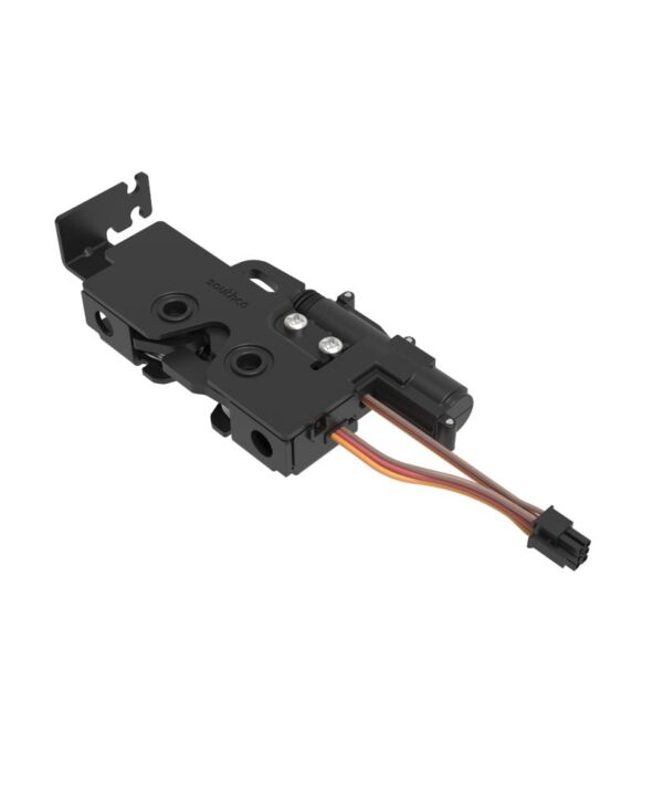 Southco Rotary Push-to-Close Latch, Medium Size, Single Stage, Pull to open with Switch and 12 V Actuator, Bottom Trigger, Integrated Cable Mounting Bracket (for cable with spring), Integrated Bumper, 1/4-20 Thread, Steel, Zinc Nickel