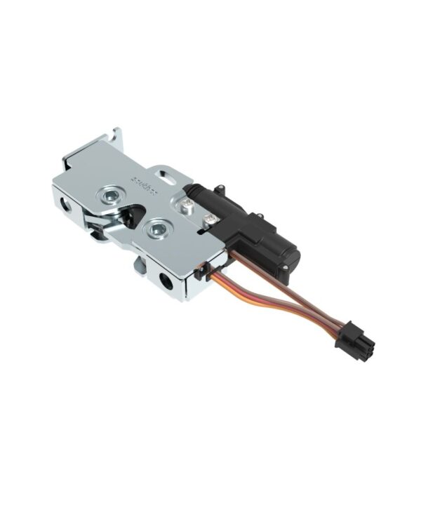Southco Rotary Push-to-Close Latch, Medium Size, Single Stage, Pull to open with Switch and 12 V Actuator, Bottom Trigger, Integrated Cable Mounting Bracket (for cable without spring), Integrated Bumper, M6 Thread, Steel, Zinc Plate, Bright Chromate