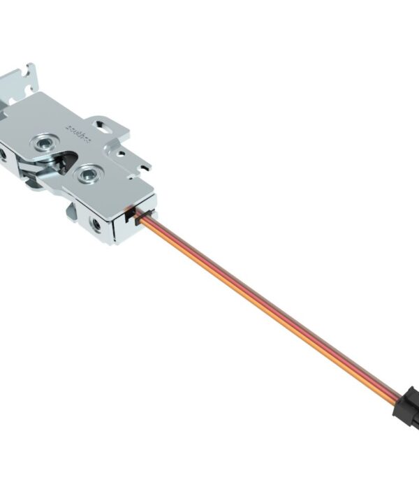 Southco Rotary Push-to-Close Latch, Medium Size, Single Stage with Switch, Bottom Trigger, Integrated Cable Mounting Bracket (for cable with spring), Integrated Bumper, Top Mount, Steel, Zinc Plate, Bright Chromate