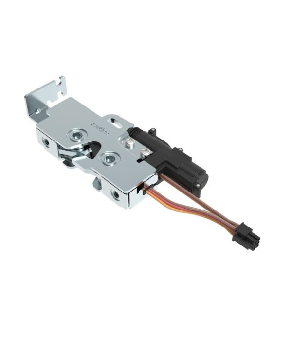 Southco Rotary Push-to-Close Latch, Medium Size, Single Stage with Switch and 12V Actuator, Bottom Trigger, Integrated Cable Mounting Bracket (for cable with spring), Top Mount, Steel, Zinc Plate, Bright Chromate