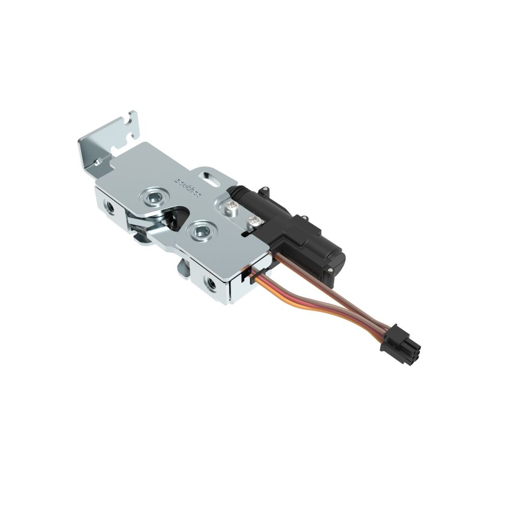 Southco Rotary Push-to-Close Latch, Medium Size, Single Stage with Switch and 12V Actuator, Bottom Trigger, Integrated Cable Mounting Bracket (for cable with spring), Integrated Bumper, Top Mount, Steel, Zinc Plate, Bright Chromate