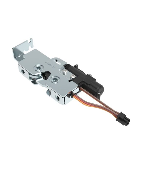 Southco Rotary Push-to-Close Latch, Medium Size, Single Stage, Pull to open with Switch and 12 V Actuator, Bottom Trigger, Integrated Cable Mounting Bracket (for cable with spring), Integrated Bumper, Top Mount, Steel, Zinc Plate, Bright Chromate