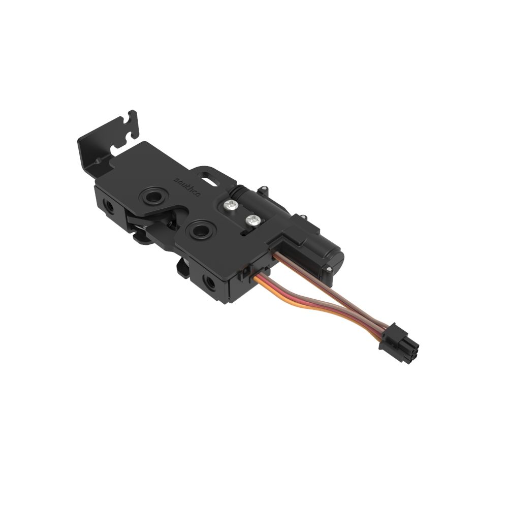 Southco Rotary Push-to-Close Latch, Medium Size, Single Stage, Pull to open with Switch and 12 V Actuator, Bottom Trigger, Integrated Cable Mounting Bracket (for cable with spring), Integrated Bumper, Top Mount, Steel, Zinc Nickel