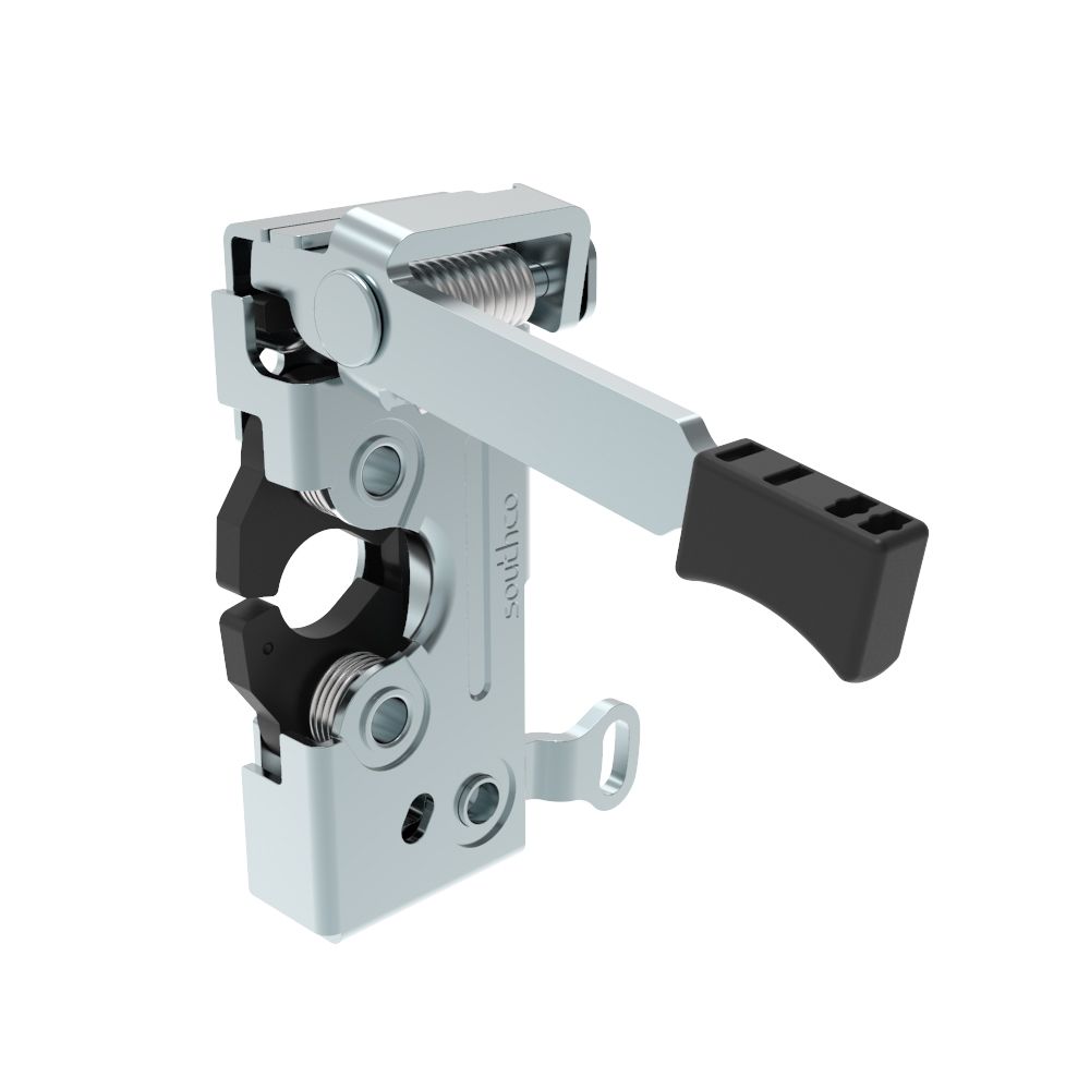 Southco Push-to-close Rotary Latch, Heavy Duty Size, Two Stage, Pre-loaded Hand Lever, Dual Trigger, Hand / Bottom Cable, Rod, 7.2 mm Thru, Steel, Zinc Plate, Bright Chromate