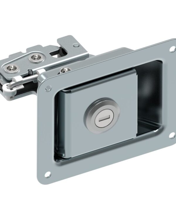 Southco Rotary Push-to-Close Latch, Paddle Actuated, Two Stage, Key Locking, Rivet Thru Hole, Zinc Plate, Bright chromate