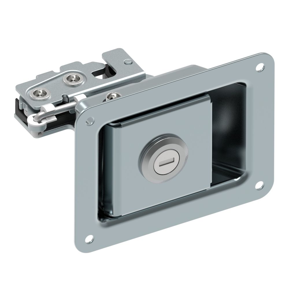Southco Rotary Push-to-Close Latch, Paddle Actuated, Two Stage, Key Locking, Rivet Thru Hole, Zinc Plate, Bright chromate