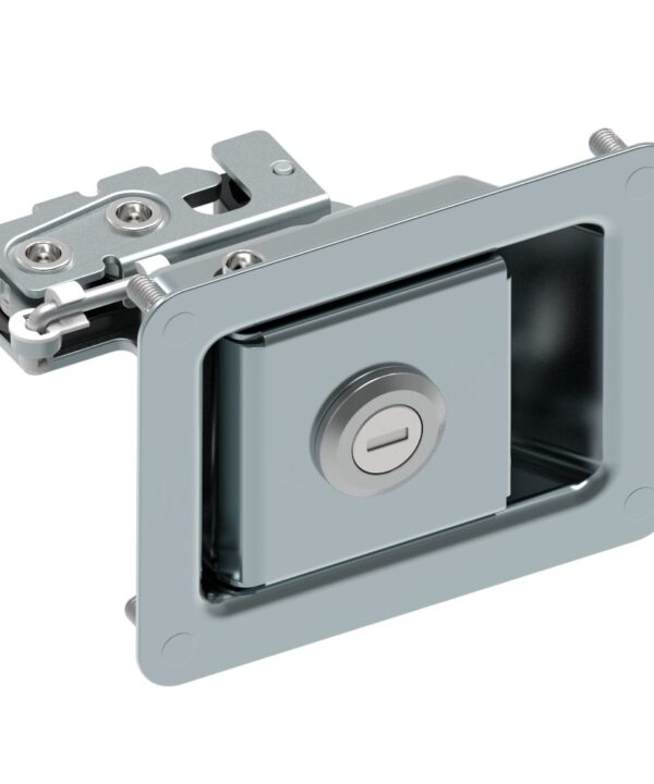 Southco Rotary Push-to-Close Latch, Paddle Actuated, Two Stage, Key Locking, Press-in Studs, Zinc Plate, Bright chromate