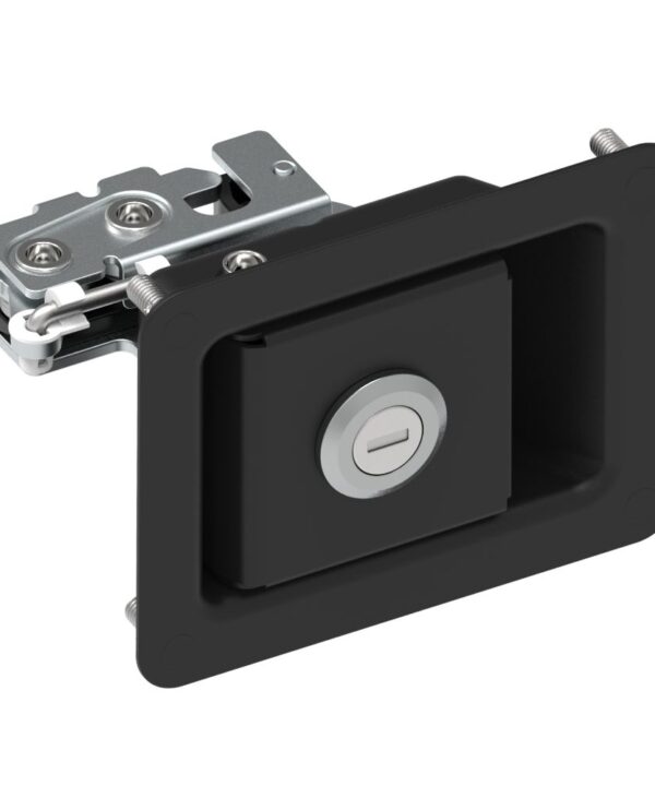 Southco Rotary Push-to-Close Latch, Paddle Actuated, Two Stage, Key Locking, Press-in Studs, Black Powder Coat