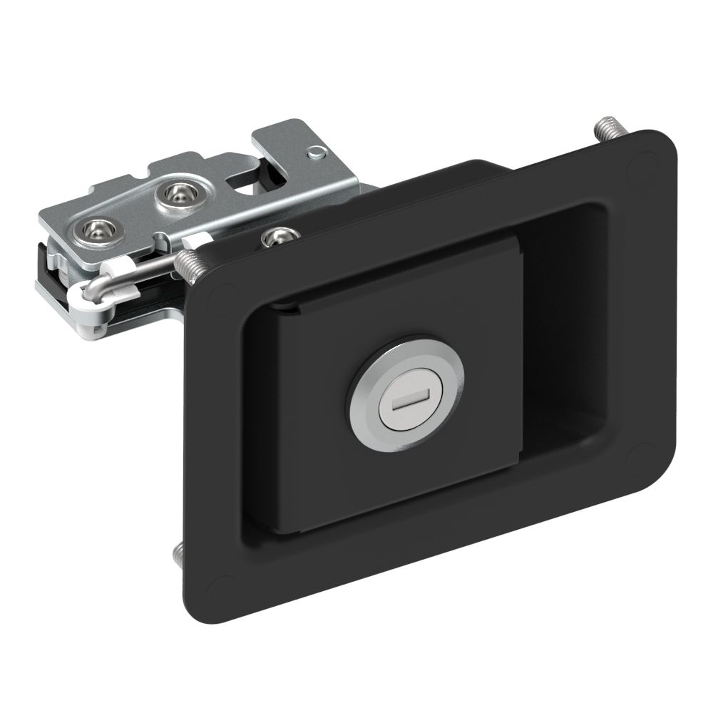 Southco Rotary Push-to-Close Latch, Paddle Actuated, Single Stage, Key Locking, Press-in Studs, Black Powder Coat