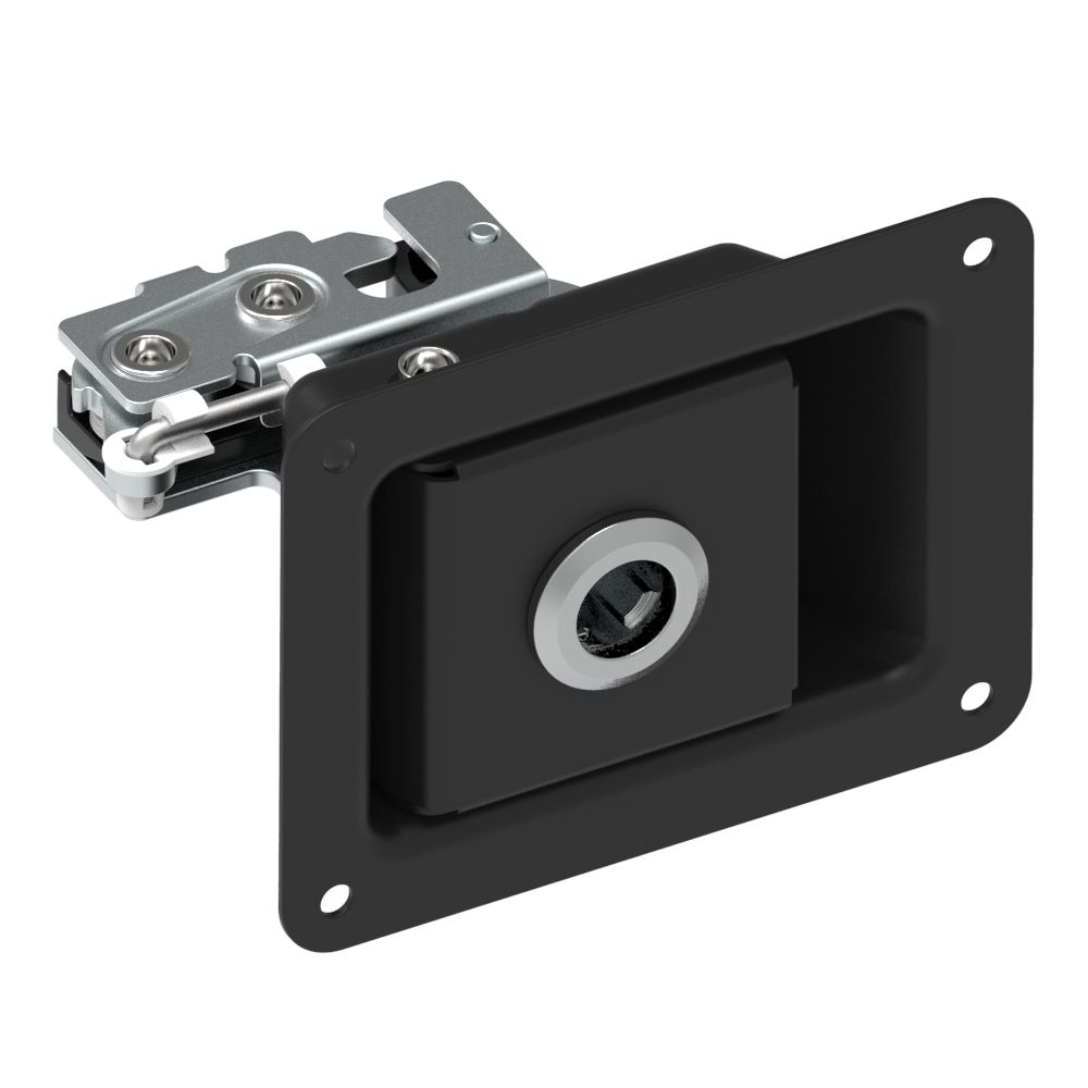 Southco Rotary Push-to-Close Latch, Paddle Actuated, Single Stage, Key Locking, Rivet Thru Hole, Black Powder Coat