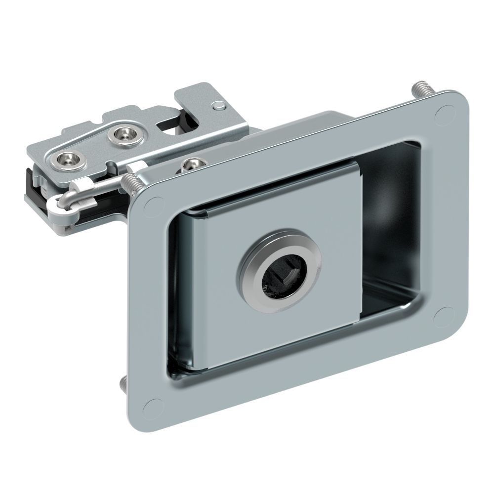 Southco Rotary Push-to-Close Latch, Paddle Actuated, Two Stage, No Lock Plug, Press-in Studs, Zinc Plate, Bright chromate