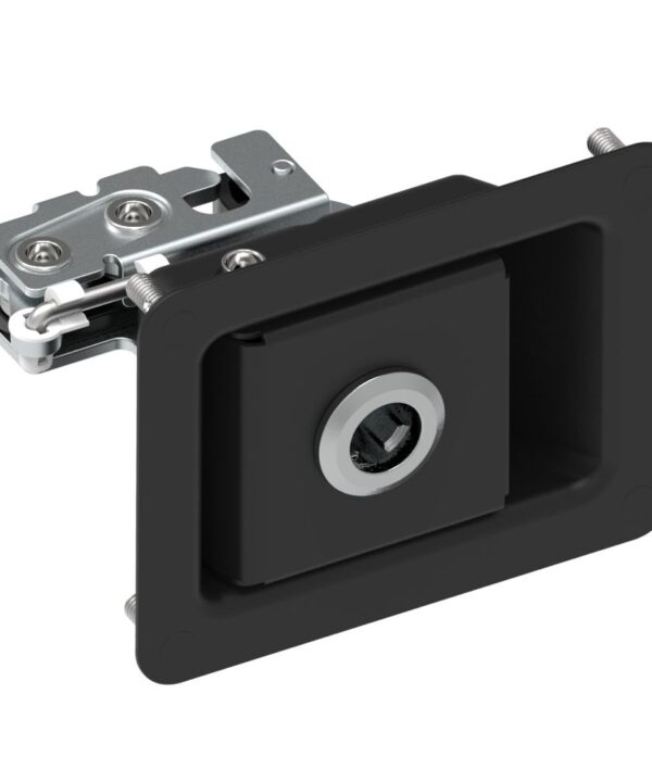 Southco Rotary Push-to-Close Latch, Paddle Actuated, Two Stage, No Lock Plug, Press-in Studs, Black Powder Coat