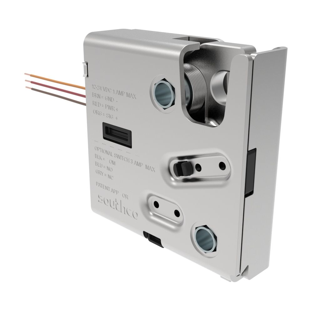 Southco Electronic Rotary Push-to-Close Latch, Delayed Relock, Rear Trigger, Without Latch Status Microswitch, No Connector, Thru Hole, Steel Housing, Nickel Plated